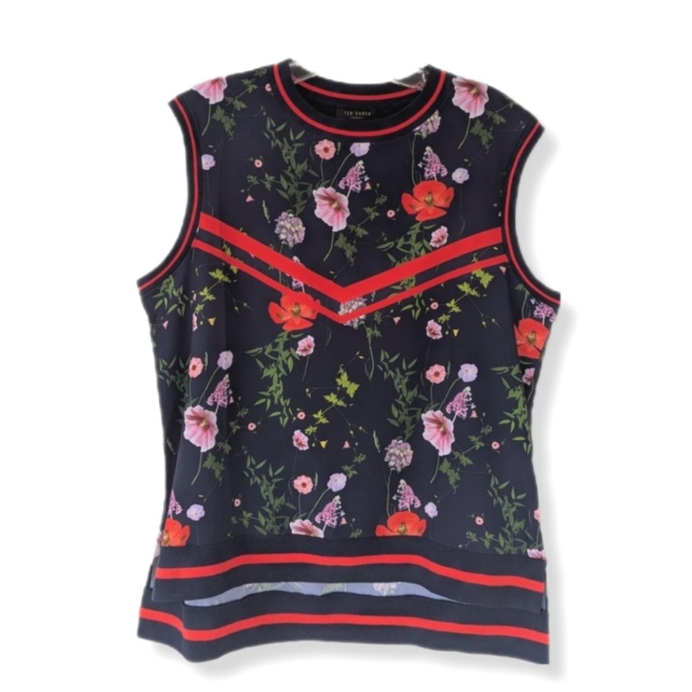 Ted Baker London Namib Hedgerow Navy Floral Print Knit Ribbed Sleeveless Top